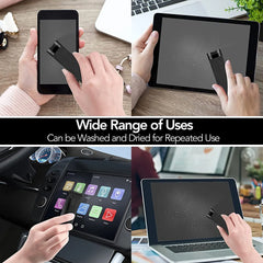 Collage of hands using a small device on various surfaces with text about its wide range of uses.