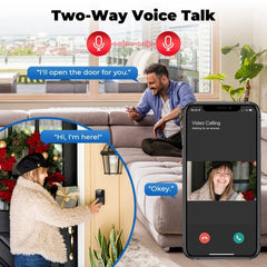 Two people using a two-way voice talk system with a smartphone app showing video call interface.