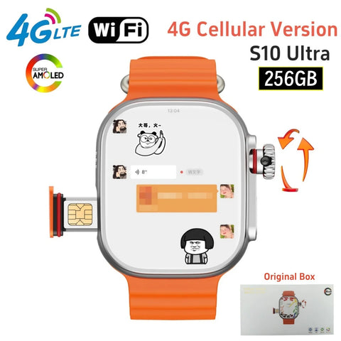 "S10 Ultra 4G Smartwatch for Men – Android OS, 32+256GB, 2.2'' AMOLED Display, 800MP Camera, WiFi, GPS, SIM Card Support"