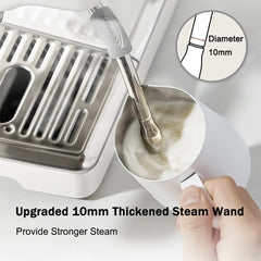 Upgraded 10mm thickened steam wand being used to froth milk, with a close-up of the steam nozzle and text indicating its diameter.