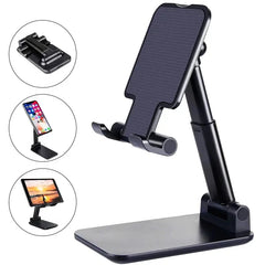 Black adjustable phone stand with multiple device display options on a white background