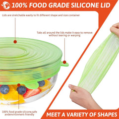 Green silicone lid stretching over a container of fruits with text highlighting features.