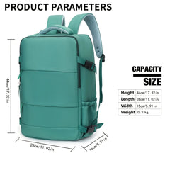 Teal backpack with dimensions and capacity details on a white background