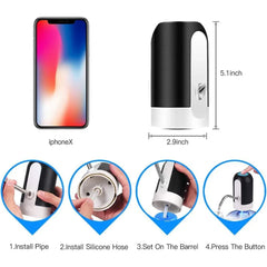 Black and white handheld device with smartphone for scale, assembly instructions, and dimensions.