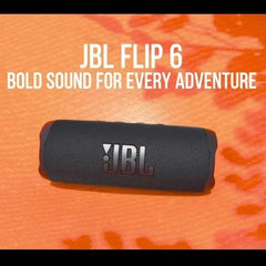 JBL Flip 6 Bluetooth speaker on an orange background with branding text.