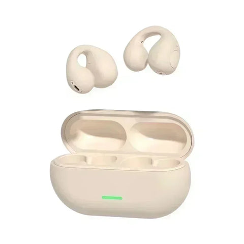 Beige wireless earbuds with charging case on a white background