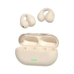 Beige wireless earbuds with charging case on a white background