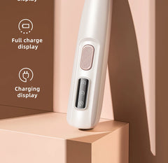 White electronic device with charging and full charge displays on a beige platform.