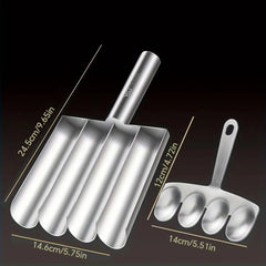 Metal ice scoop with measurements on a dark background