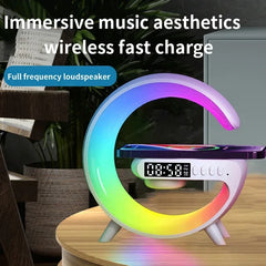 Multicolored circular device with digital display on a wooden surface, text about wireless fast charge and immersive music aesthetics.