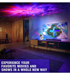 Modern living room with a large TV displaying a colorful abstract design, surrounded by decorative items.