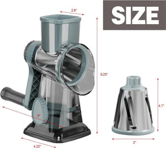 Manual meat grinder with dimensions labeled on a white background