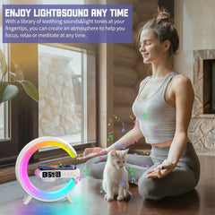 Woman meditating with a cat next to a colorful circular device, with text about light and sound therapy.