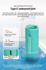 Teal JBL flip6 speaker with charging and waterproof features on a white background