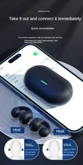 Wireless earbuds with charging case on a smartphone screen, showing quick reconnection feature.