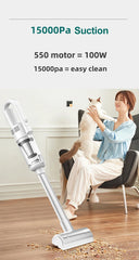 Person holding a cat next to a vacuum cleaner with text about suction power on a white background