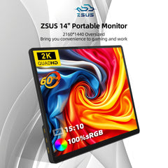 "ZSUS 14'' 2K Portable Monitor – 2160×1440 Resolution, 60Hz Display for Laptop, Xbox, PS4/PS5, Switch, TV Box, PC, and Mobile Devices"