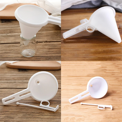 Collage of a white plastic funnel on a wooden surface with a glass bottle.