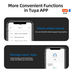 Tuya APP features for checking unlock record and managing user data on a smartphone.