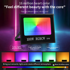 "Outdoor Smart RGBCW Floodlight – 16 Million Colors, Adjustable Color Temperature, Wi-Fi & Wireless Control for Patio Lighting"