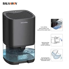 Black dehumidifier with water tank on a white background, featuring Balashov branding.