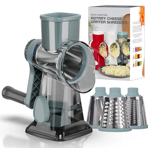 Multi-function rotary cheese grater shredder with packaging on a white background