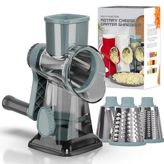 Multi-function rotary cheese grater shredder with packaging on a white background