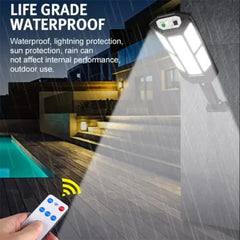 Outdoor light fixture with remote control, emphasizing waterproof and weather-resistant features.