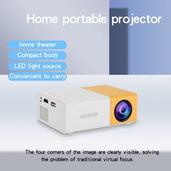 Home portable projector with features listed on a blue and gray background