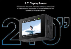 Action camera with 2.0-inch display screen on a black background