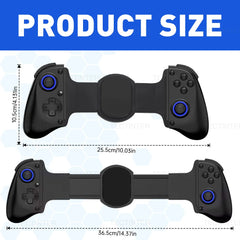 Measurement chart of a black gaming controller with blue buttons on a light blue background.