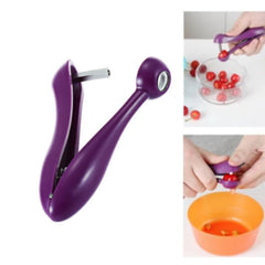 Purple cherry pitter with images of using it to remove cherry pits from a bowl.