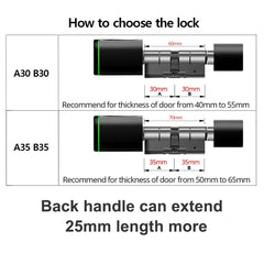 Diagram showing how to choose a lock with dimensions and recommendations for door thickness.