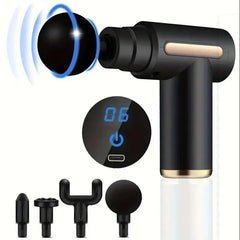 Black massage gun with attachments on a white background