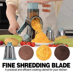 Person using a manual shredder to shred vegetables with different shredding discs displayed.
