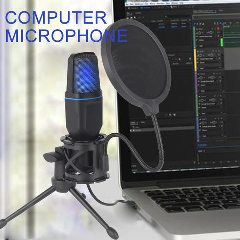 Computer microphone with pop filter in front of a laptop displaying audio software.