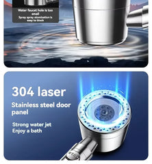 Stainless steel shower head with water spray illustration and text on a blue background