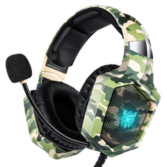 Camouflage gaming headset with LED light on a white background