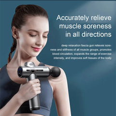 Woman using a massage gun with text about muscle soreness relief on a blue background