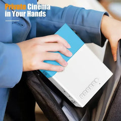 Portable projector with blue cover held by a person, with text 'Private Cinema in Your Hands'.