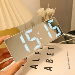 "Curved Mirror LED Alarm Clock with Temperature Display"