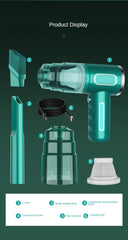 Teal handheld vacuum cleaner with accessories on a dark green background