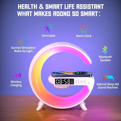 Multifunctional device with colorful crescent design on a wooden surface, featuring text and icons about its features.