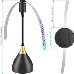 Black LED desk lamp with flexible neck and measurements on a white background