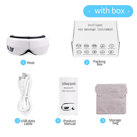 Intelligent eye massage instrument with packaging, USB cable, product manual, and storage bag on a white background.
