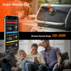 Smart grill with wireless remote control and app interface, family using phone in living room.
