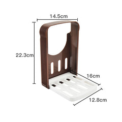Measurement chart of a brown and white soap dish with dimensions labeled.