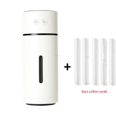 White electronic device with black accents and five cotton swabs on a white background