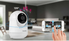 Smart home security camera with smartphone app interface in a living room setting