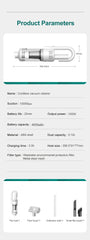 Product parameters of a cordless vacuum cleaner on a white background